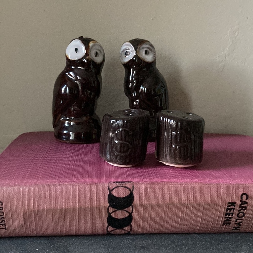 Vintage MCM Japan 2 sets of salt and pepper shakers owl figurines and trees